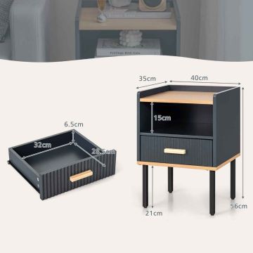 Nightstand, 1 Drawer and Open Shelf, Gray, 48.26 × 55.88 × 35.56 cm