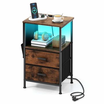 Bedside table, 2 drawers, 4 charging ports, Brown/black, 38 × 60 × 30 cm