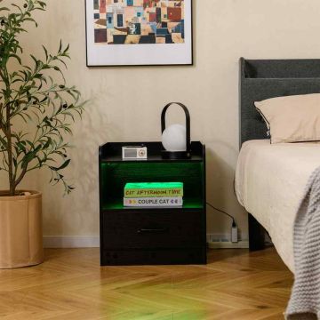 Bedside table, 3-tier, with shelf and drawer, Black, 44.5 × 50 × 40 cm