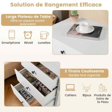 Bedside table, 3 drawers, White, 56 × 66 × 45 cm