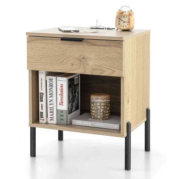 Bedside table, with charging station, drawer and open compartment, 45 × 40 × 58 cm