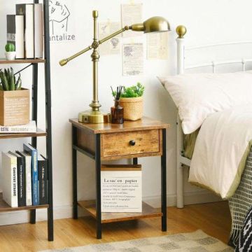 Bedside table, with drawer and open shelf, Brown, 40 × 40 × 54 cm