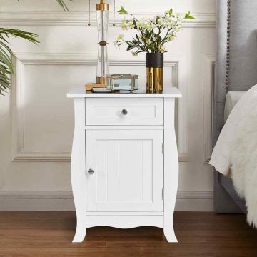 Bedside table, With drawer and door, White, 45 × 60 × 35 cm