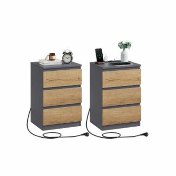 VASAGLE bedside table, 3 drawers, 2 sockets and 2 USB ports, 40 × 59 × 35 cm