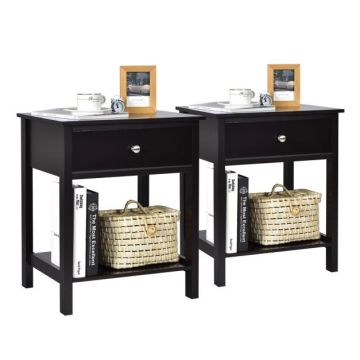 Set of 2 bedside tables, drawer and open shelf, White/black, 48 × 58 × 40 cm