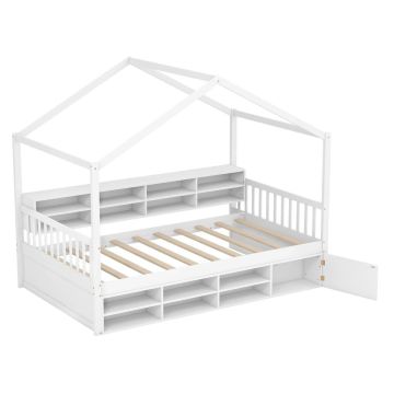 House-shaped double bed for children with 8 storage compartments, white