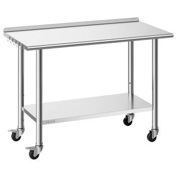 Nerūdijančio plieno darbo stalas 61x122 cm su ratukais ir reguliuojama lentyna, 17,3 kg