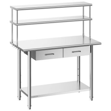 Nerūdijančio plieno darbo stalas 61x122 cm su viršutinėmis lentynomis ir 2 stalčiais, komercinėms virtuvėms