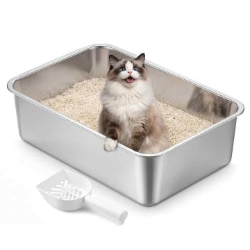 Stainless steel cat litter box, open, with brush, 50 x 35 x 15 cm, for medium and large cats