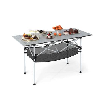 Portable folding camping table, aluminum table top, 119x55x69 cm, silver