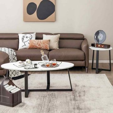 Oval and round coffee table set, 2 pcs., white tabletops, black legs