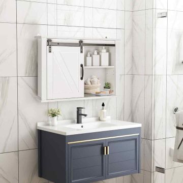 Wall-mounted bathroom cabinet, With sliding doors, White, 70 × 20 × 51 cm