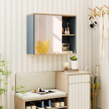 Seinale paigaldatav vannitoakapp, Peegliga uksed, 2 avatud sektsiooni, Hall, 60 × 50 × 20 cm
