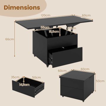 Lifting coffee table, 3 in 1, with drawer and hidden compartment, Black, 60 × 60 × 50 cm