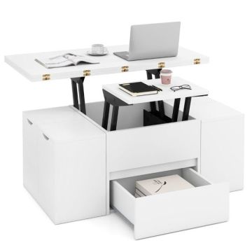 Lifting coffee table with 4 stools and hidden storage compartment, white