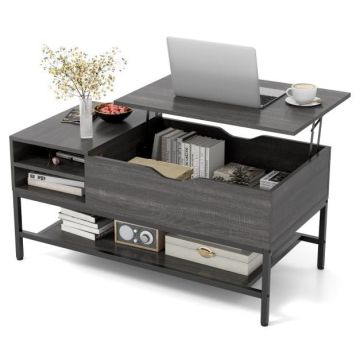 Lifting coffee table, with storage compartment and shelf, Grey/brown, 100 × 47 × 49 cm