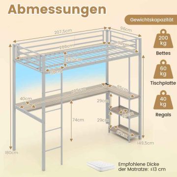 Loft bed, with LED lighting, table and shelves, Silver, 207.5 × 180 × 96 cm