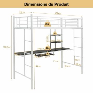 Loft bed, with table and shelves, 200 × 180 × 95 cm
