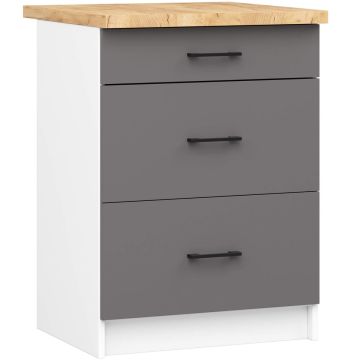 Põrandal seisev köögikapp OLIWIA S60, 3 sahtlit ja töötasapind, valge/hall, 60 × 85 × 46 cm