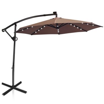 Tilt outdoor umbrella with LED lighting, 3 m, aluminum, brown
