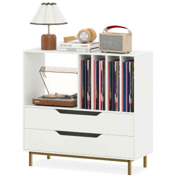 Turntable cabinet, 2 drawers and 4 vinyl compartments, White, 91 × 87 × 36 cm