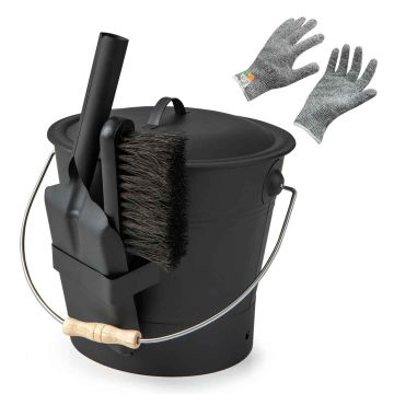 Ash bucket, with lid and gloves, Black, 28.5 × 25 × 21 cm