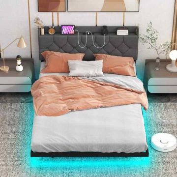 Floating bed with LED lighting and adjustable headboard, 200×140×100 cm, gray