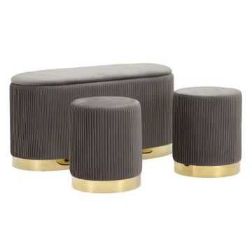Shopy Hallway Bench, with 2 Poufs, Grey/Gold, 80 × 42 × 37 cm