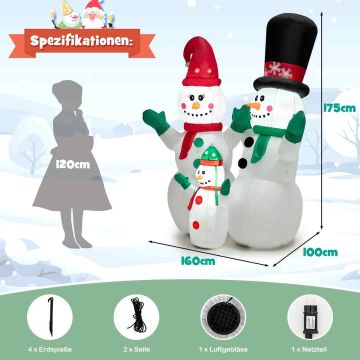 Inflatable snowman family decoration, 3 figures, 160 × 175 × 100 cm