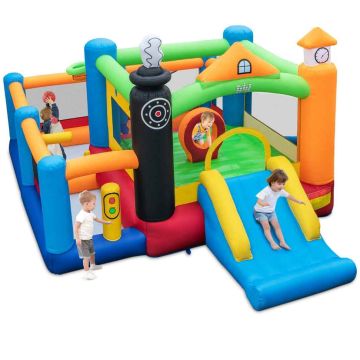 Inflatable train castle with slide and basketball hoop, 50 balls