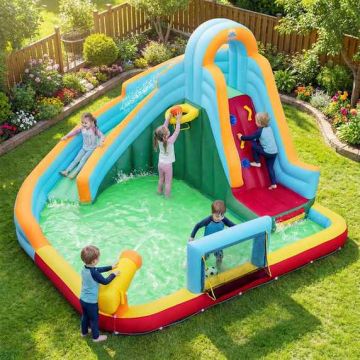 Inflatable water play castle, 50 balls, 680 W blower, Multicolored, 380 × 380 × 221 cm