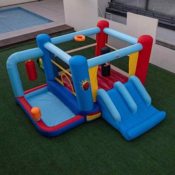Inflatable play castle, 2 slides, 550 W blower, Multicolored, 402 × 385 × 206 cm
