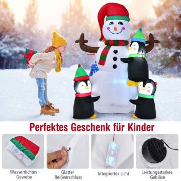 Inflatable snowman with 3 penguins, 180 cm, LED lighting