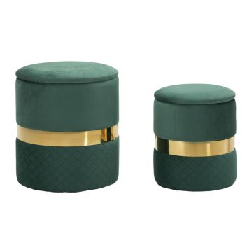 Sheffild poufs, 2 pcs, Green/gold, Ø 37 × 42 cm – Ø 28 × 35 cm