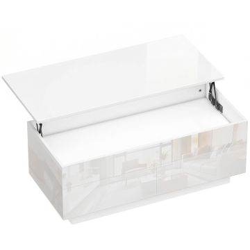 Reguliuojamo aukščio kavos staliukas 102x48x54,5 cm, blizgi balta, su 2 stalčiais