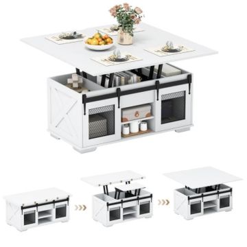 Adjustable height coffee table 105 cm, white, with 2 sliding doors
