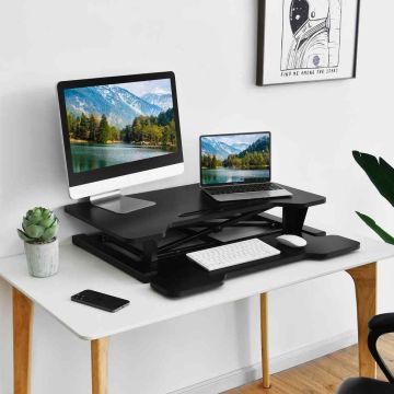 Adjustable Height Desk Converter, With Keyboard Tray, White, 81.3 × 61 × 52.1 cm