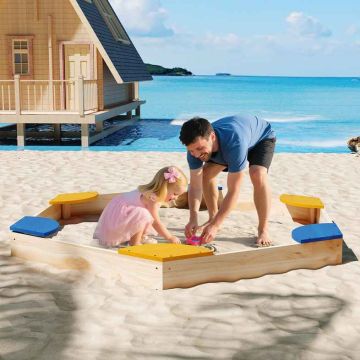 Hexagonal wooden sandbox, 6 seats, Yellow/blue/Oak, 140 × 122 × 14 cm