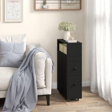Narrow freestanding bathroom cabinet, 2 drawers + 2 baskets, White/black, 50 × 72 × 19 cm