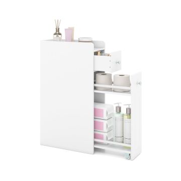 Narrow bathroom cabinet, with 2-tier drawer, White, 40 × 18 × 70 cm