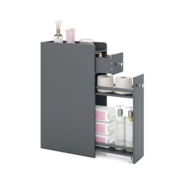 Narrow bathroom cabinet, with 2-tier drawer, Grey, 40 × 18 × 70 cm