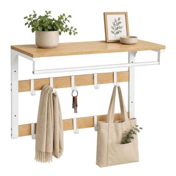 Seinale kinnitatav riidenagi Relaxdays, 10 konksu, kolm-ühes, Tammepuiduvalge, 65 × 42 × 30 cm