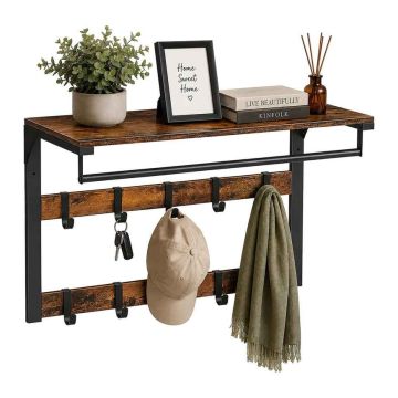 Seinale kinnitatav riidenagi Relaxdays, 10 konksu, kolm-ühes, Pruun/must, 65 × 42 × 30 cm