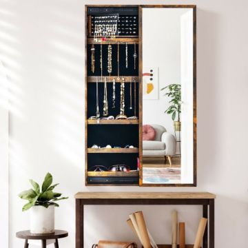 Seinale kinnitatav peegliga ehtekapp, 22 konksu, 60 sõrmuseruumi, 36,83 × 8,89 × 119,38 cm