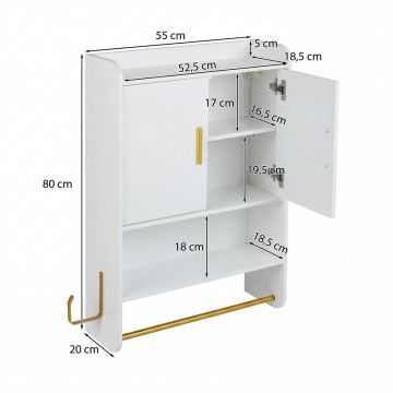 Wall-mounted bathroom cabinet, 2 doors, 55 × 80 × 20 cm