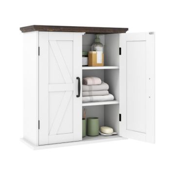 Wall-mounted bathroom cabinet, 2 doors, 2 adjustable shelves, White, 53.5 × 60 × 22.5 cm