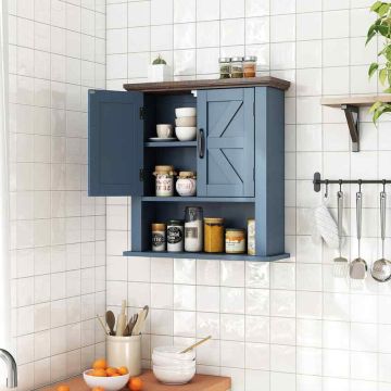 Wall-mounted bathroom cabinet, 2 doors, 3 shelf positions, Blue, 55 × 60 × 19 cm