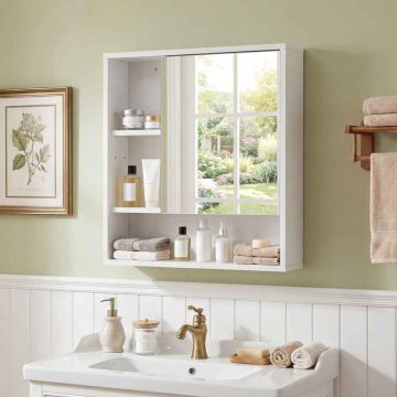 Wall-mounted bathroom cabinet with mirror, 3 open compartments, 2 spaces, 55 × 16 × 61 cm