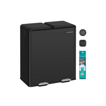 Prügikast SONGMICS LTB743B02, 2 sektsiooni, 2 × 30 l, Must, 58,5 × 37 × 64 cm