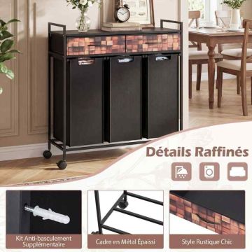 Laundry trolley, 3 bags, 2 drawers, 135 l, 92.5 × 97.5 × 33 cm